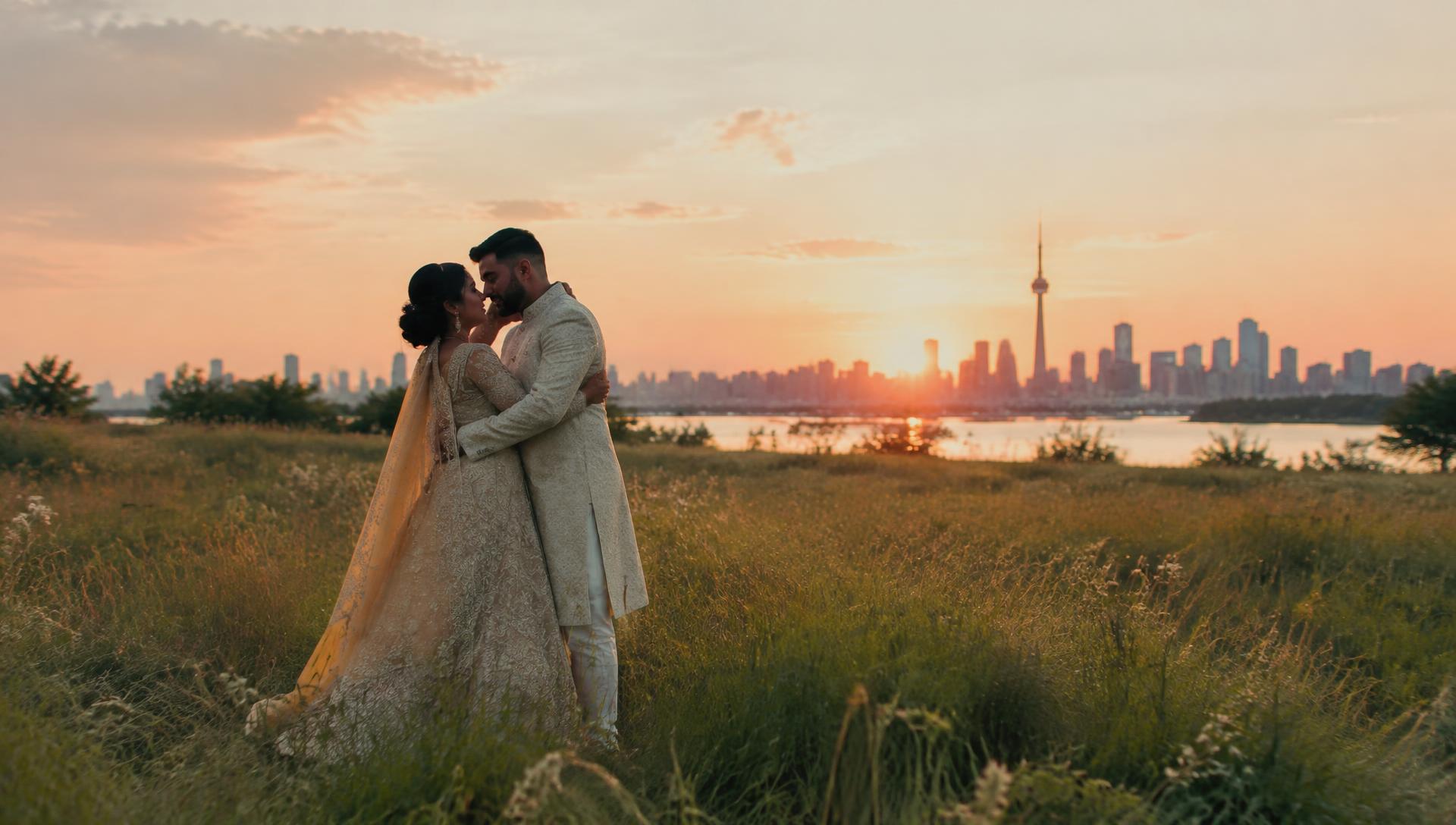 Couple embracing at sunset with the Toronto skyline